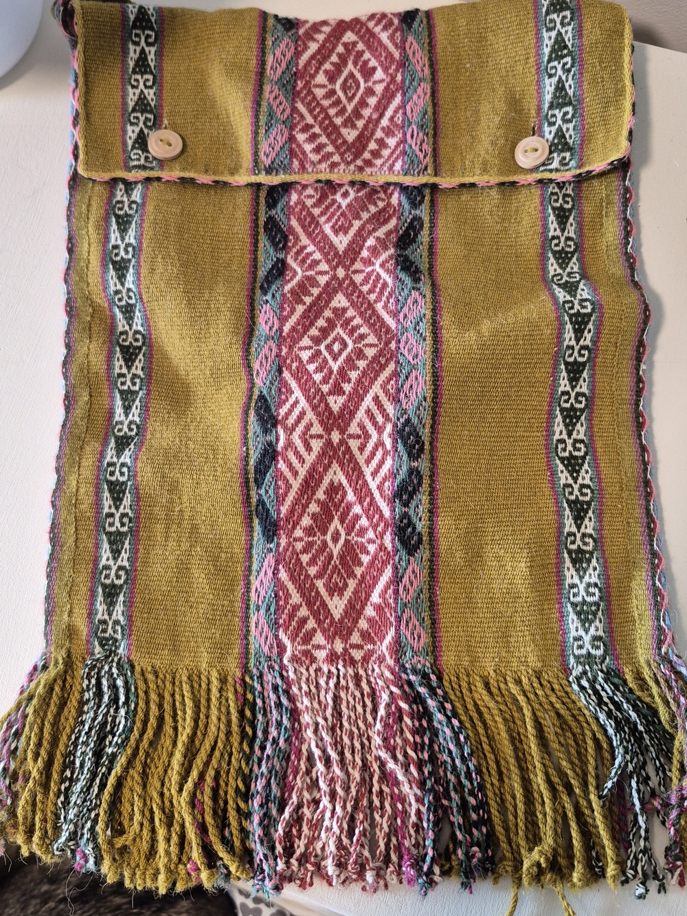 Handwoven Boho Fringe Crossbody in Mustard and Pink